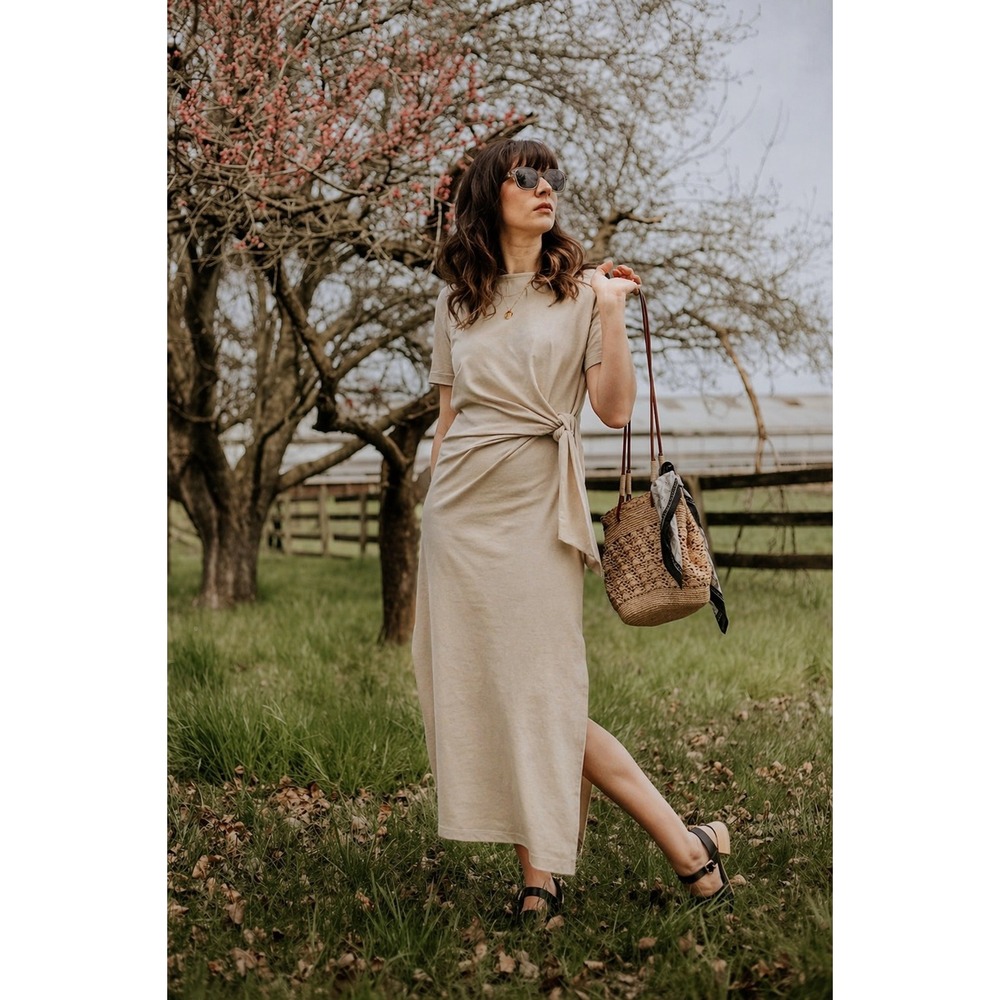 Sezane Pippa dress size XS mottled beige cotton maxi minimalist Parisian